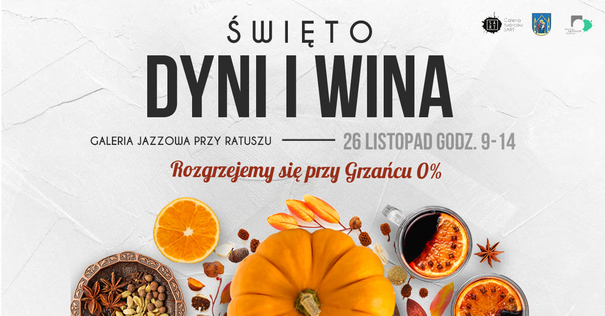 Plakat zapraszający do Iławy na Jarmark w galerii jazzowej "Święto Dyni i Wina" Iława 2022.