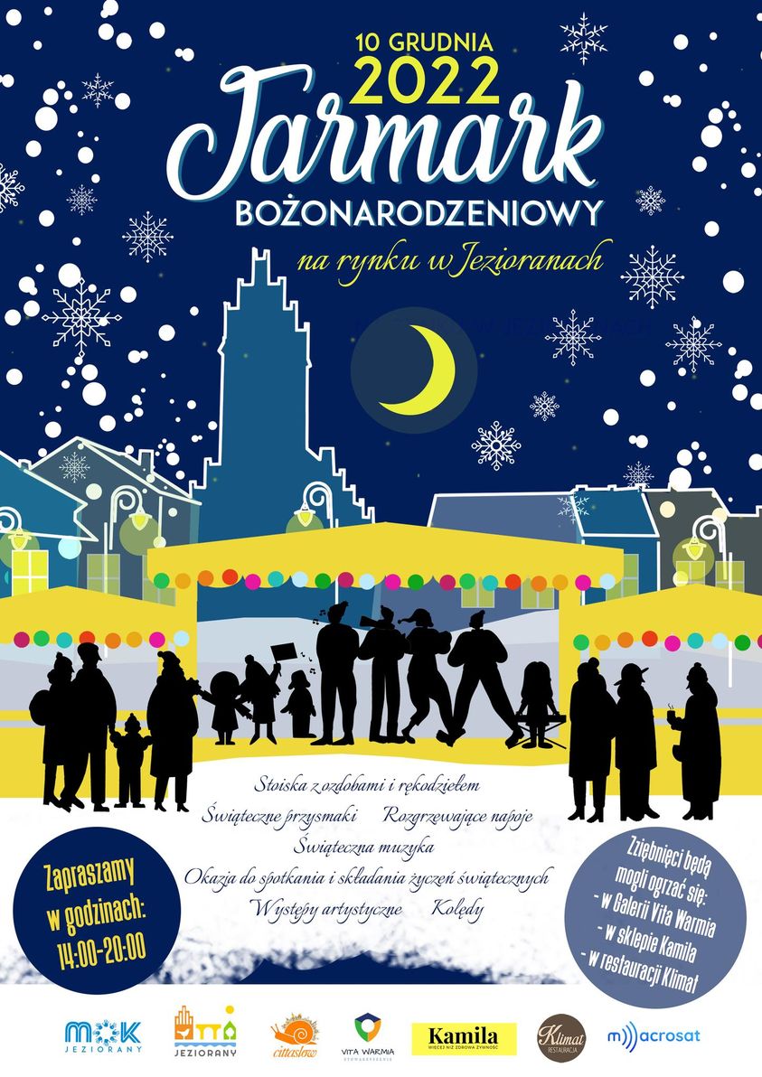 Plakat zapraszający do Jezioran na Jarmark Bożonarodzeniowy Jeziorany 2022.