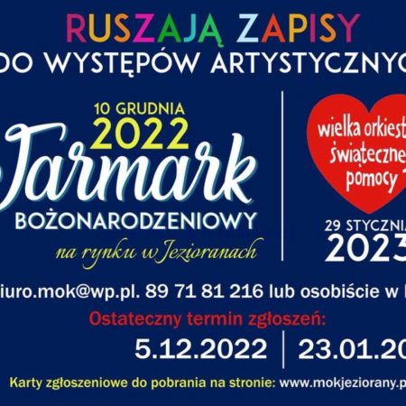 Plakat zapraszający do Jezioran na Jarmark Bożonarodzeniowy Jeziorany 2022.