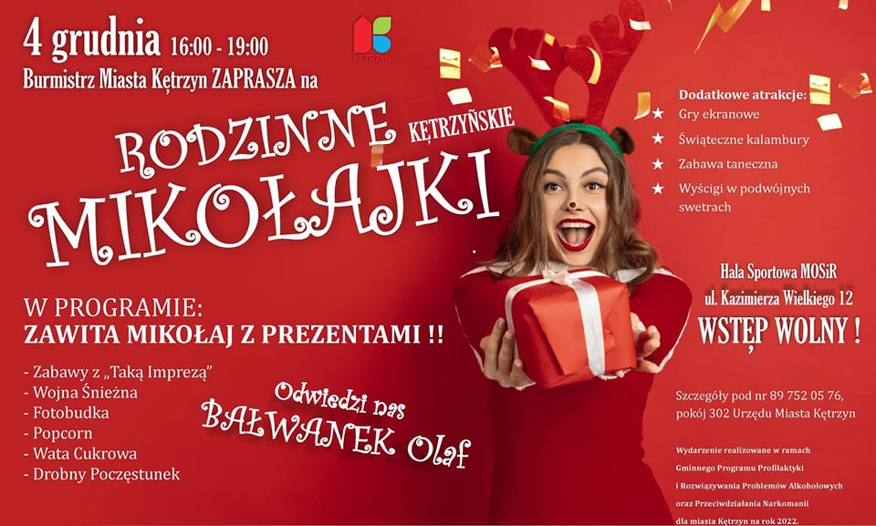 Plakat zapraszający do Kętrzyna na Rodzinne Mikołajki Kętrzyn 2022.