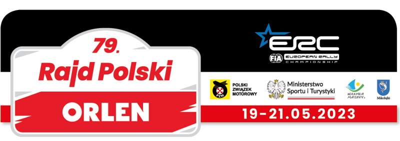 Plakat zapraszający w dniach 19-21 maja 2023 r. do Mikołajek na 79. edycję Rajdu Polski Mikołajki 2023.