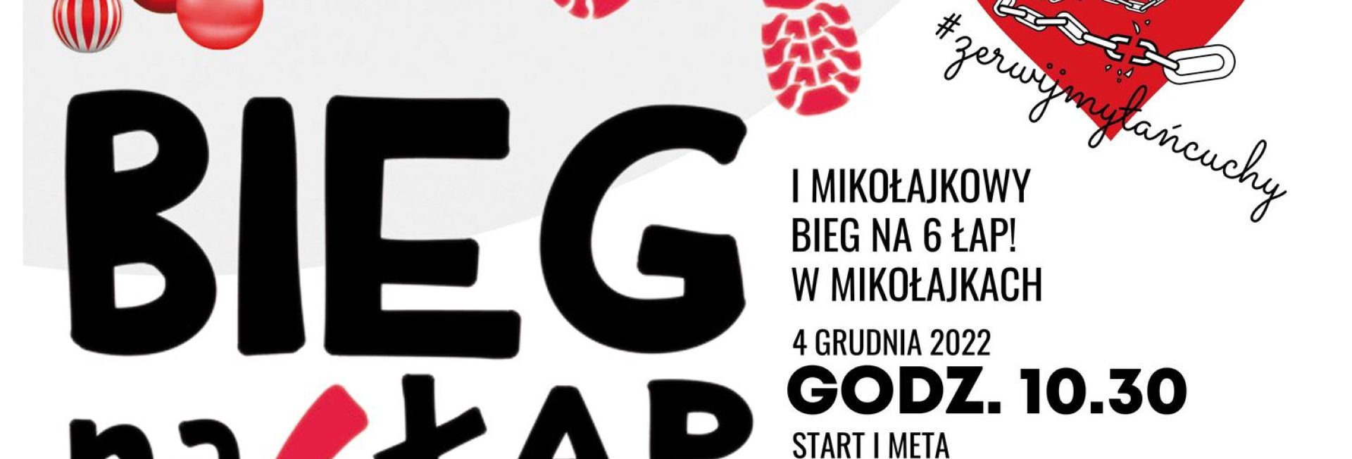 Plakat zapraszający do Mikołajek na 1. edycję Mikołajkowego Biegu Na 6 Łap! Mikołajki 2022.