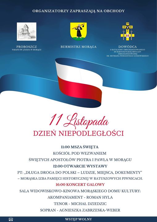 Plakat zapraszający do Morąga na Obchody Dnia Niepodległości 11 Listopada Morąg 2022.