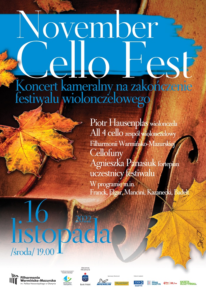 Plakat zapraszający do Olsztyna na koncert kameralny - NOVEMBER CELLO FEST Filharmonia Olsztyn 2022.
