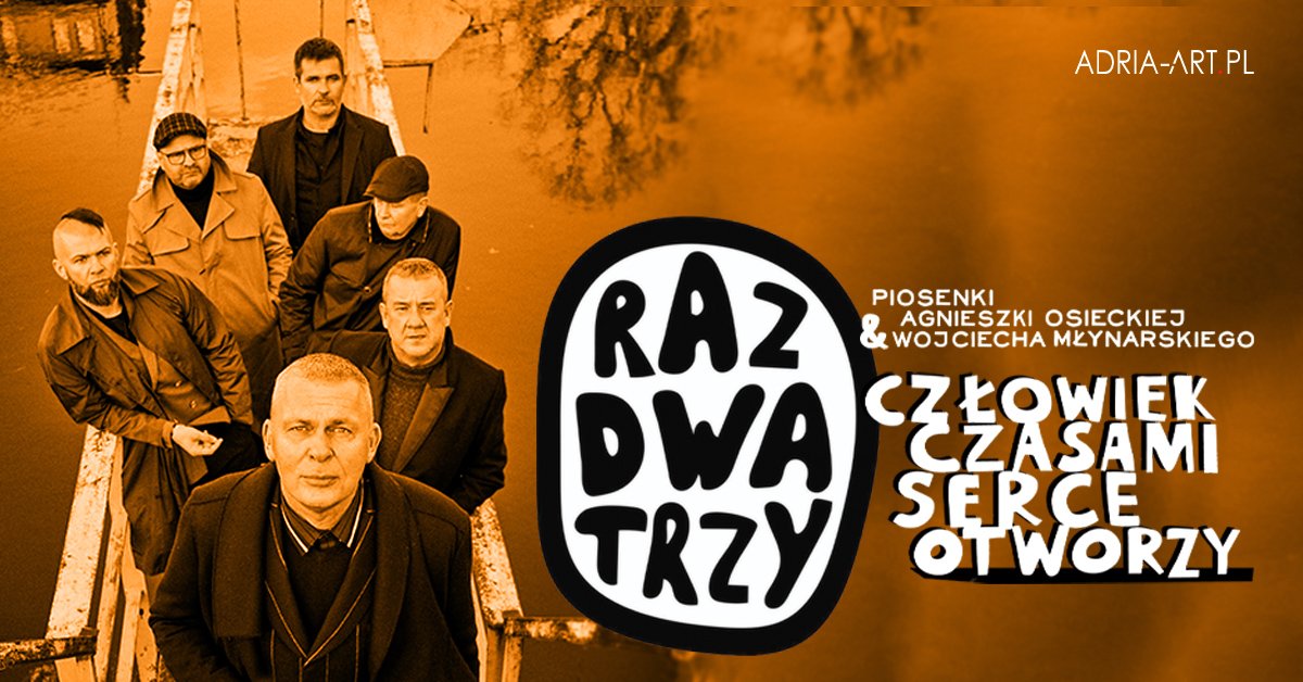 Plakat zapraszający do Olsztyna na koncert zespołu RAZ DWA TRZY Filharmonia Olsztyn 2023.