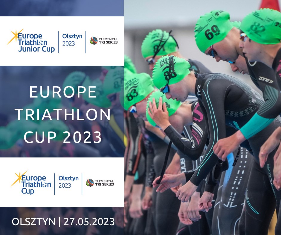 Plakat zapraszający do Olsztyna na zawody Pucharu Europy Elity Triathlon Elemental Tri Series Olsztyn 2023.