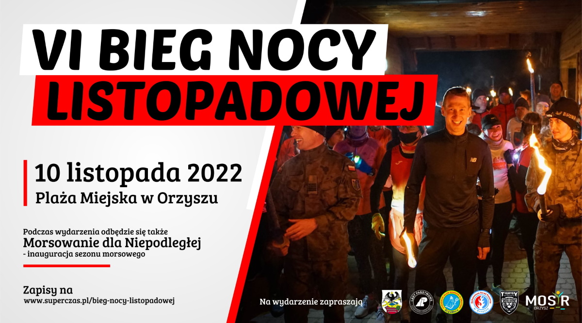 Plakat zapraszający do Orzysza na 6. edycję Biegu Nocy Listopadowej Orzysz 2022.