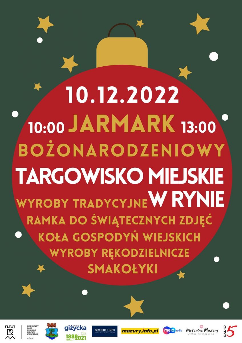 Plakat zapraszający do Rynu na Jarmark Bożonarodzeniowy Ryn 2022.