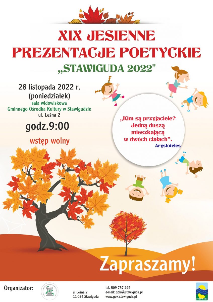 Plakat zapraszający do Stawigudy na Jesienne Prezentacje Poetyckie Stawiguda 2022.