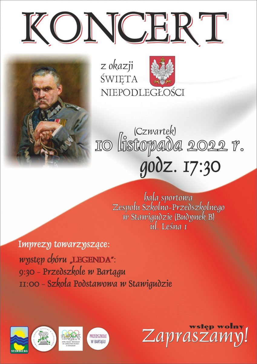 Plakat zapraszający do Stawigudy na koncert z okazji Święta Niepodległości Stawiguda 2022.