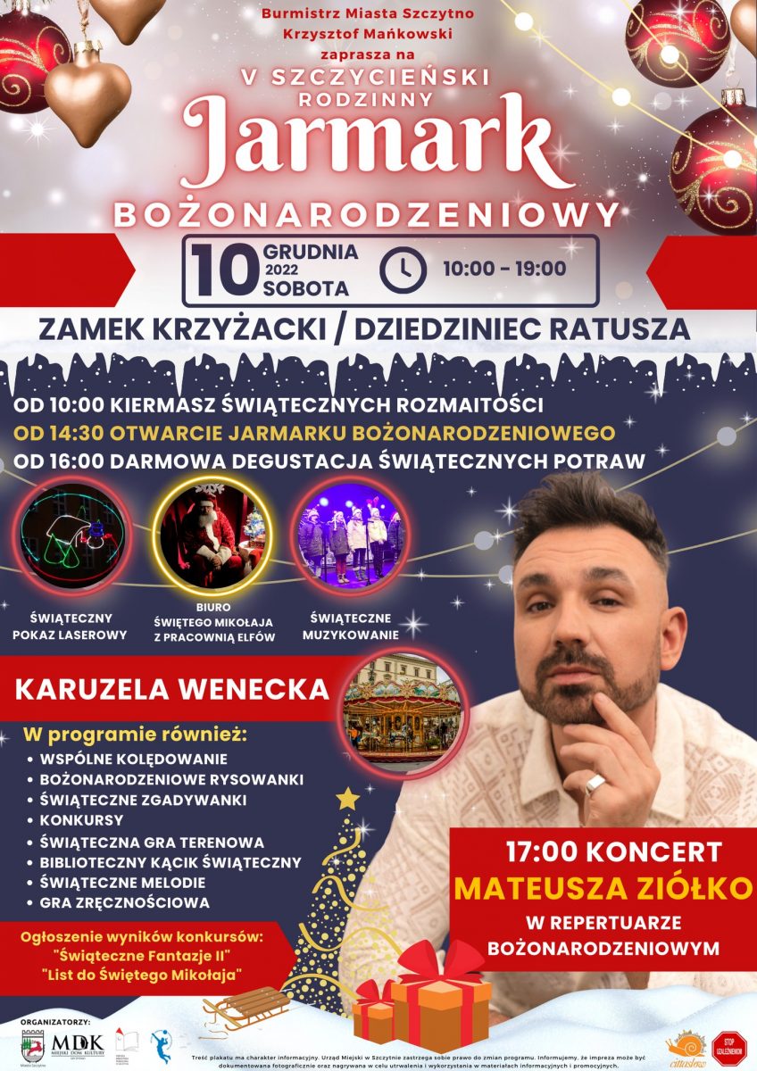 Plakat zapraszający do Szczytna na 5. edycję cyklicznej imprezy świątecznej Szczycieński Jarmark Bożonarodzeniowy Szczytno 2022. 