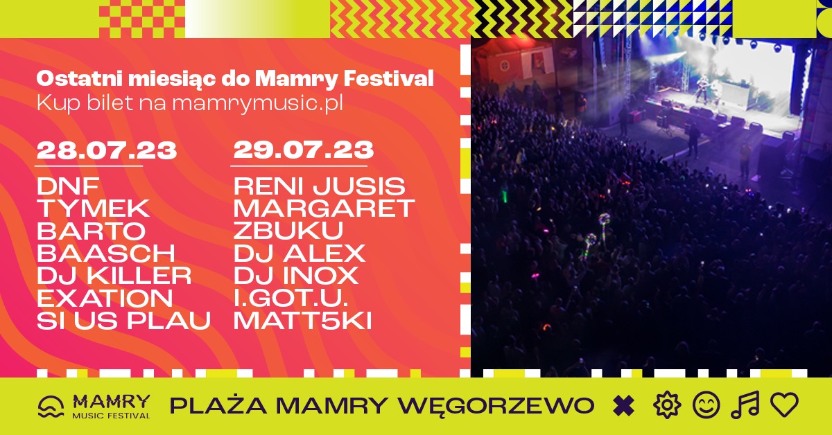 Plakat zapraszający w dniach 28-29 lipca 2023 r. do Węgorzewa na kolejną edycję Mamry Festival Węgorzewo 2023.