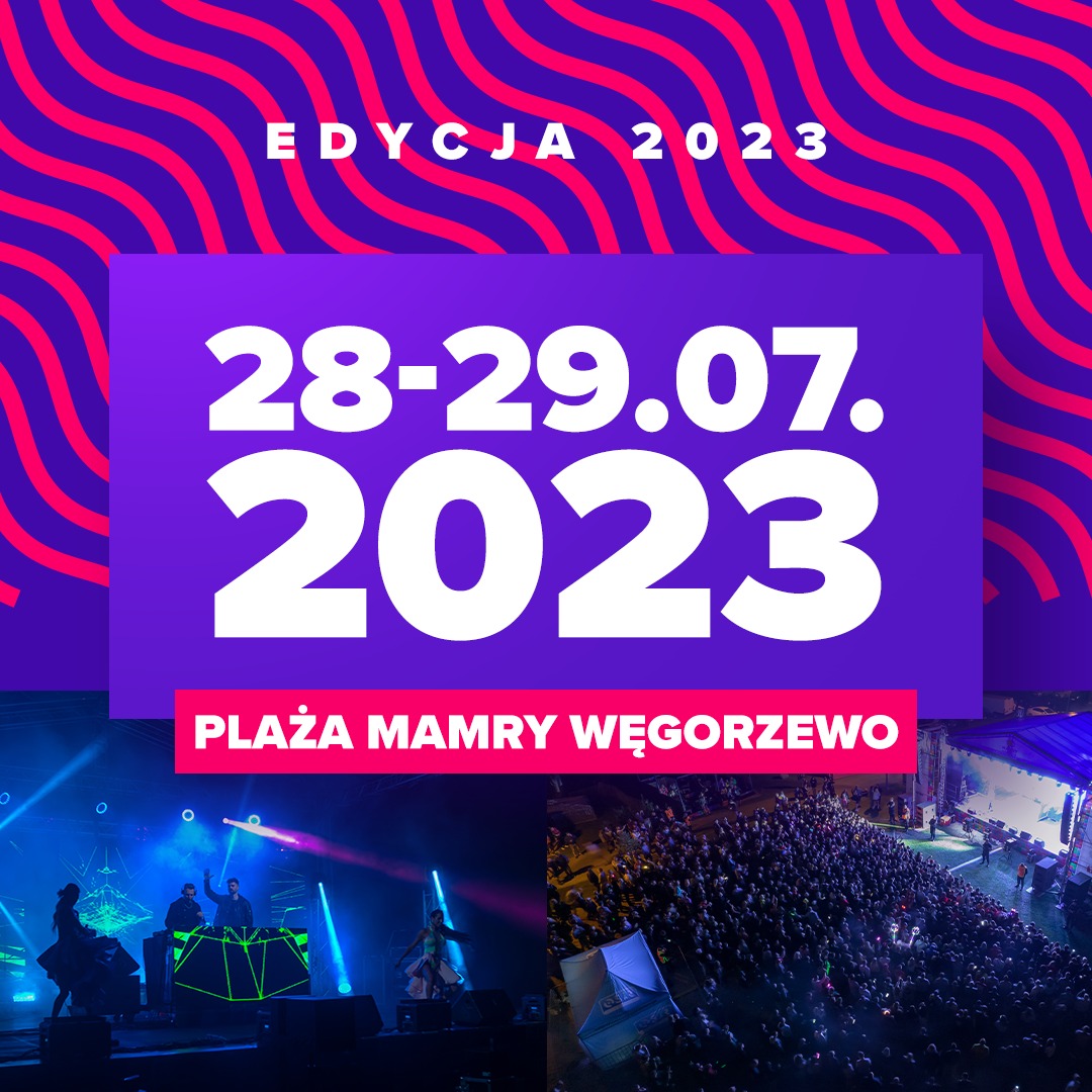 Plakat zapraszający do Węgorzewa na kolejną edycję Mamry Festival Węgorzewo 2023.