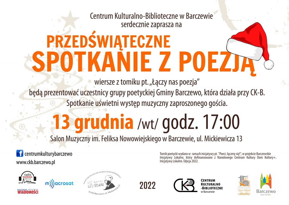 Plakat zapraszający do Barczewa na Przedświąteczne Spotkanie z Poezją Barczewo 2022.