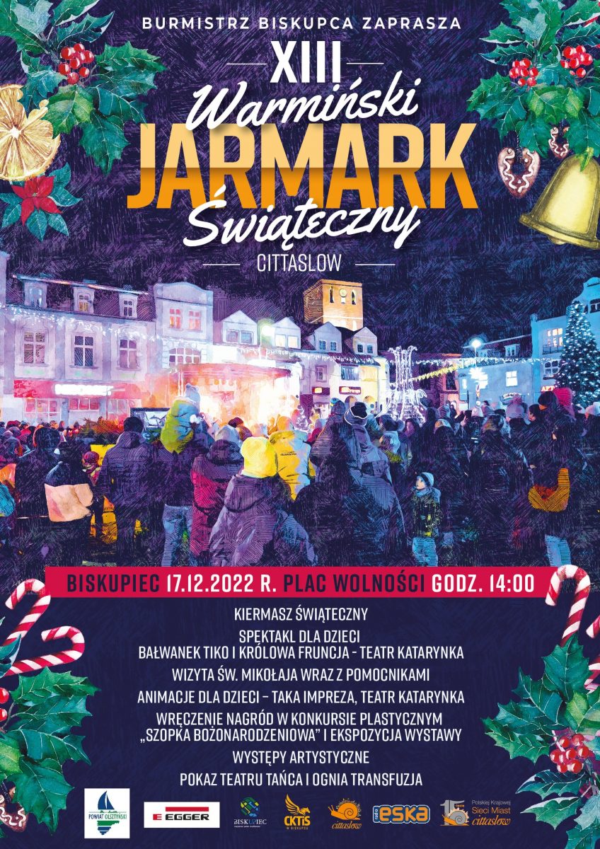 Plakat zapraszający do Biskupca na Warmiński Jarmark Świąteczny Biskupiec 2022.