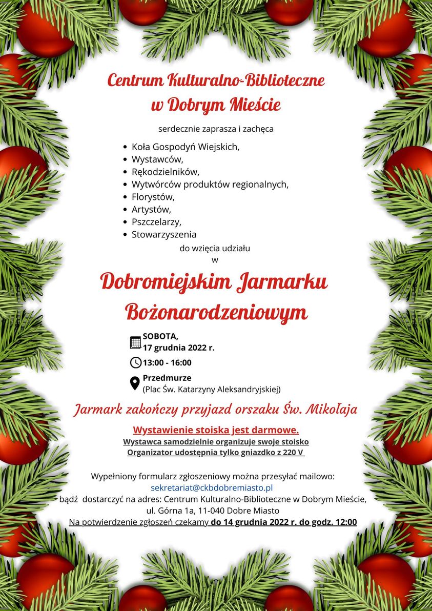 Plakat zapraszający do Dobrego Miasta na Dobromiejski Jarmark Bożonarodzeniowy Dobre Miasto 2022.
