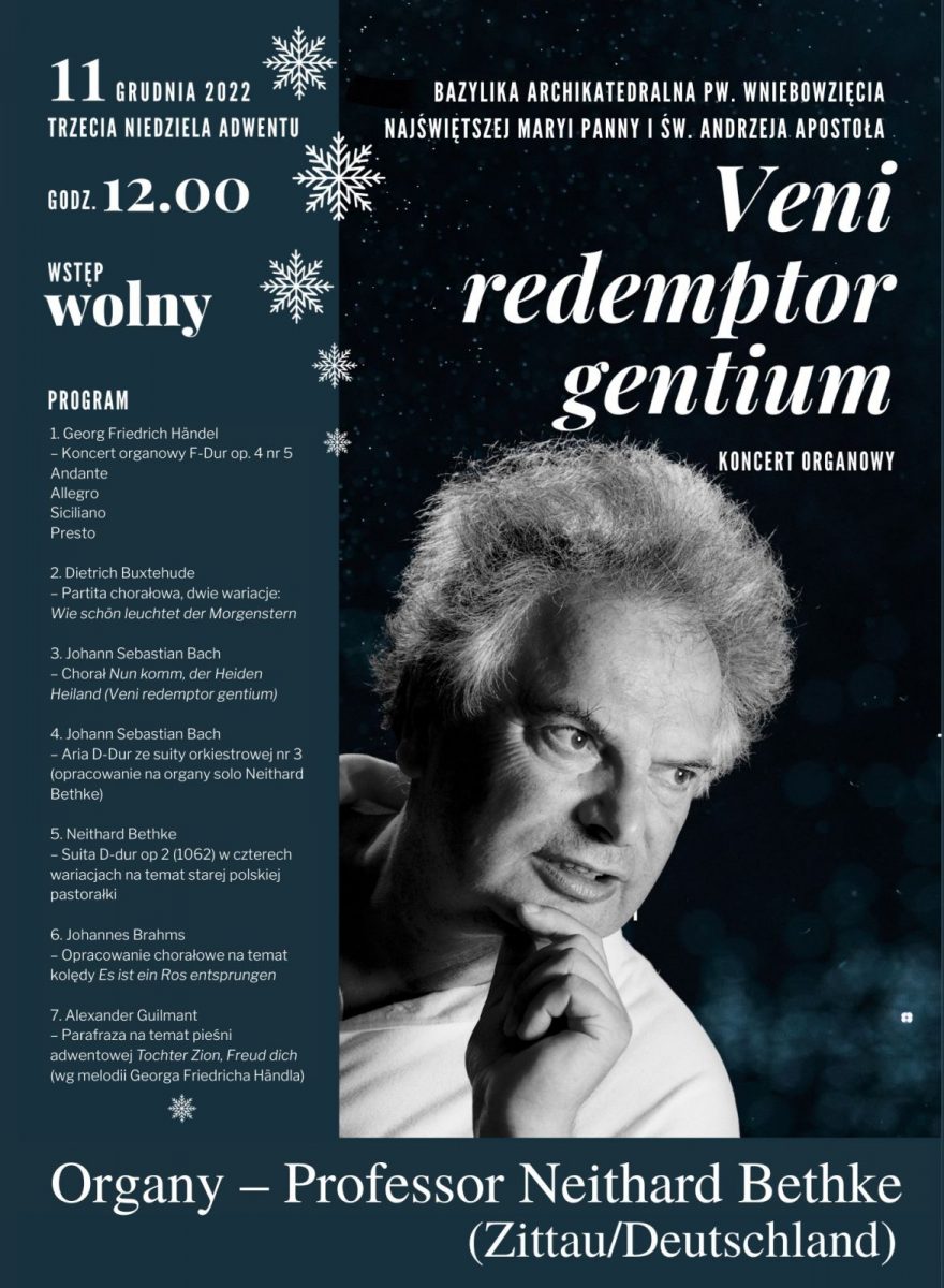 Plakat zapraszający do Fromborka na koncert organowy "Veni redemptor gedemptium" Frombork 2022.