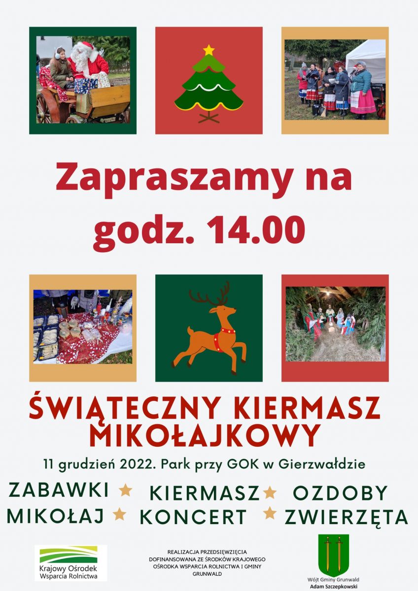 Plakat zapraszający do Gietrzwałdu na Świąteczny Kiermasz Mikołajkowy Gietrzwałd 2022.