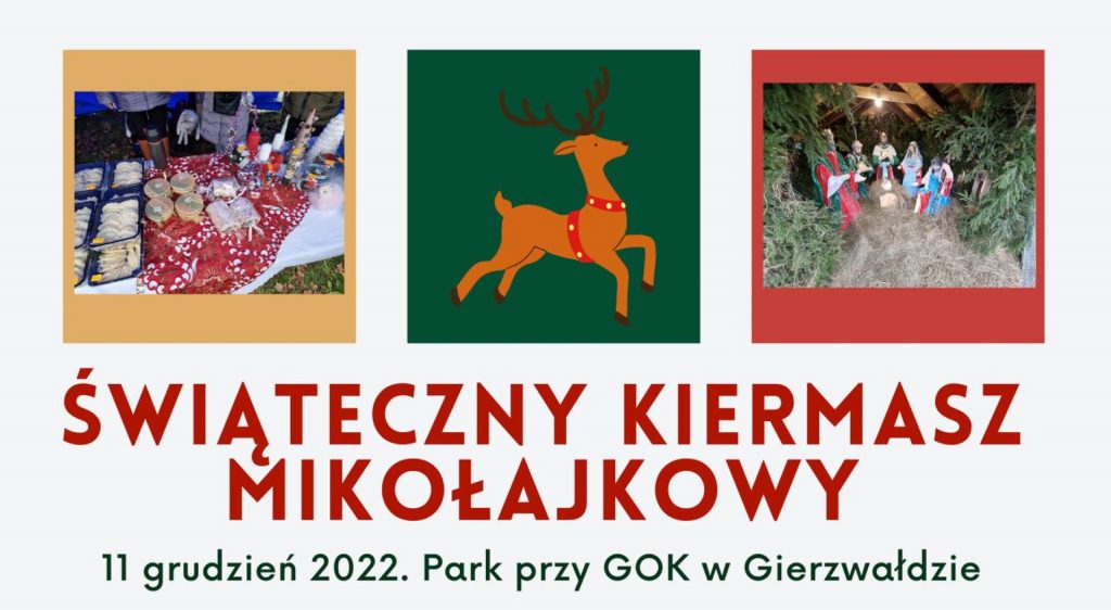 Plakat zapraszający do Gietrzwałdu na Świąteczny Kiermasz Mikołajkowy Gietrzwałd 2022.