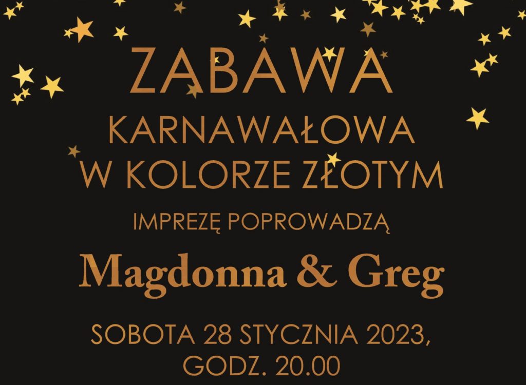 Plakat zapraszający do Centrum Kulturalno-Biblioteczne w Gietrzwałdzie na zabawę karnawałową w Kolorze Złotym Gietrzwałd 2023.