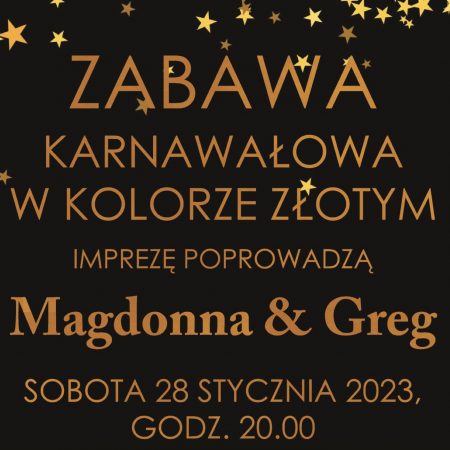 Plakat zapraszający do Centrum Kulturalno-Biblioteczne w Gietrzwałdzie na zabawę karnawałową w Kolorze Złotym Gietrzwałd 2023.