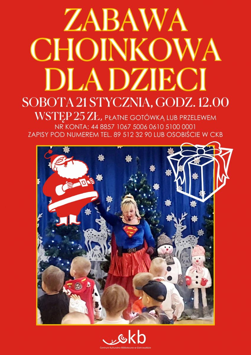 Plakat zapraszający do Centrum Kulturalno-Bibliotecznego w Gietrzwałdzie na zabawę choinkową dla dzieci Gietrzwałd 2023.