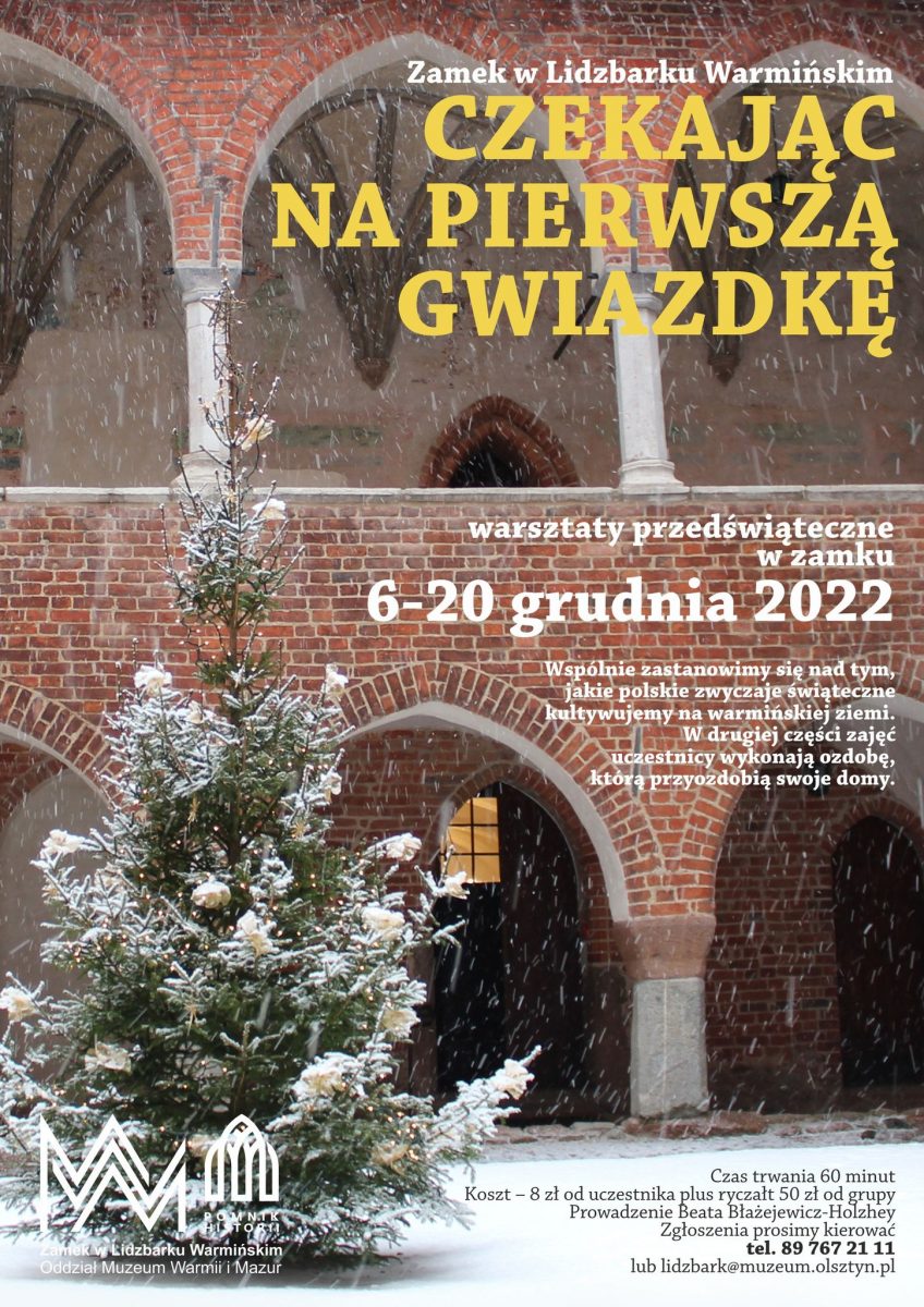 Plakat zapraszający do Zamku w Lidzbarku Warmińskim na warsztaty świąteczne "Czekając na pierwszą gwiazdkę".