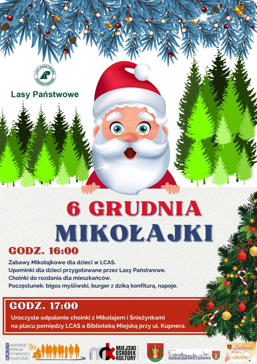 Plakat zapraszający do Lubawy na Mikołajki Lubawa 2022.