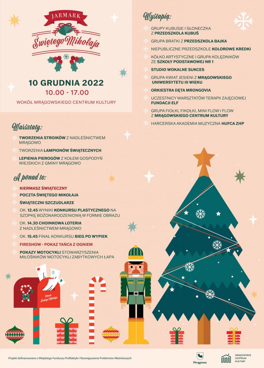Plakat zapraszający w sobotę 10 grudnia 2022 r. do Mrągowa na Jarmark Świętego Mikołaja Mrągowo 2022.