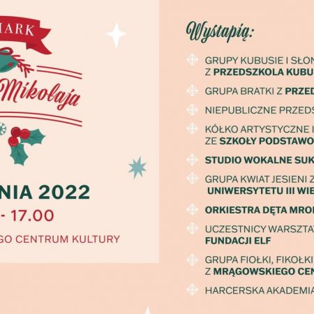 Plakat zapraszający w sobotę 10 grudnia 2022 r. do Mrągowa na Jarmark Świętego Mikołaja Mrągowo 2022.