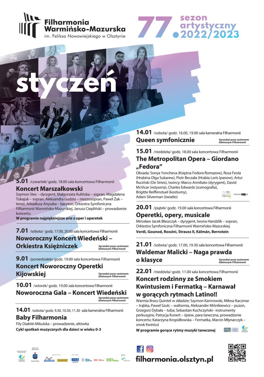 Plakat - kalendarz imprez Filharmonii w Olsztynie - styczeń 2023 r.