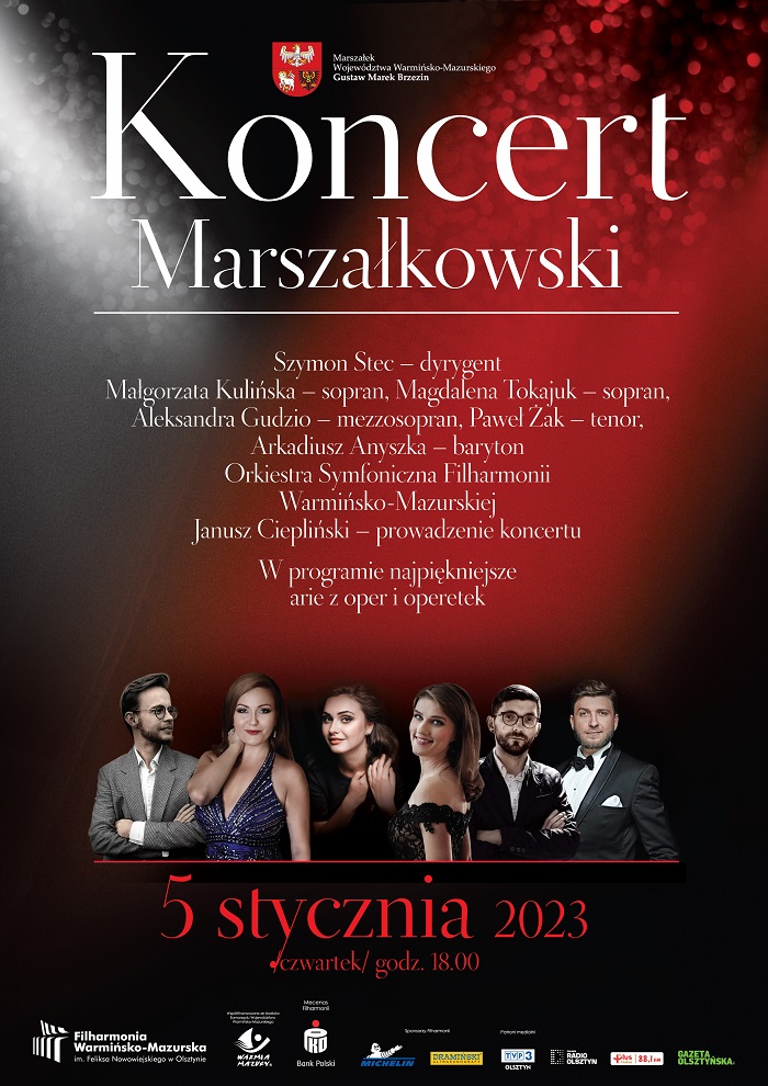 Plakat zapraszający do Olsztyna na Koncert Marszałkowski - Arie z Oper i Operetek Filharmonia Olsztyn 2023.