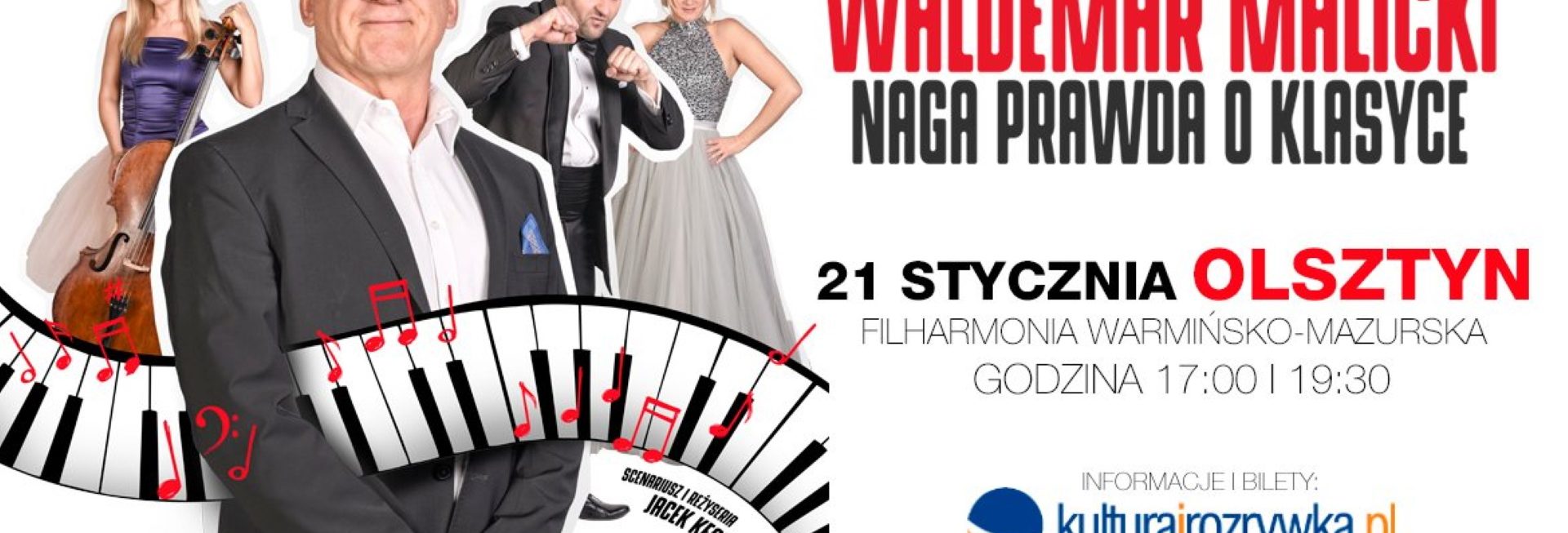 Plakat zapraszający do Olsztyna na Koncert Waldemar Malicki "Naga prawda o klasyce" Filharmonia Olsztyn 2023.