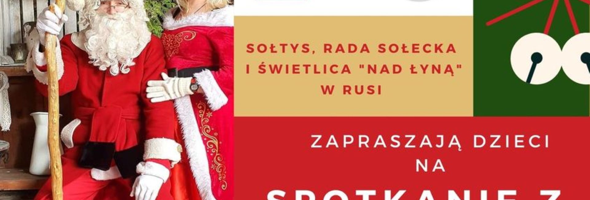 Plakat zapraszający do miejscowości Ruś w gminie Stawiguda na Spotkanie z Mikołajem Ruś 2022. 