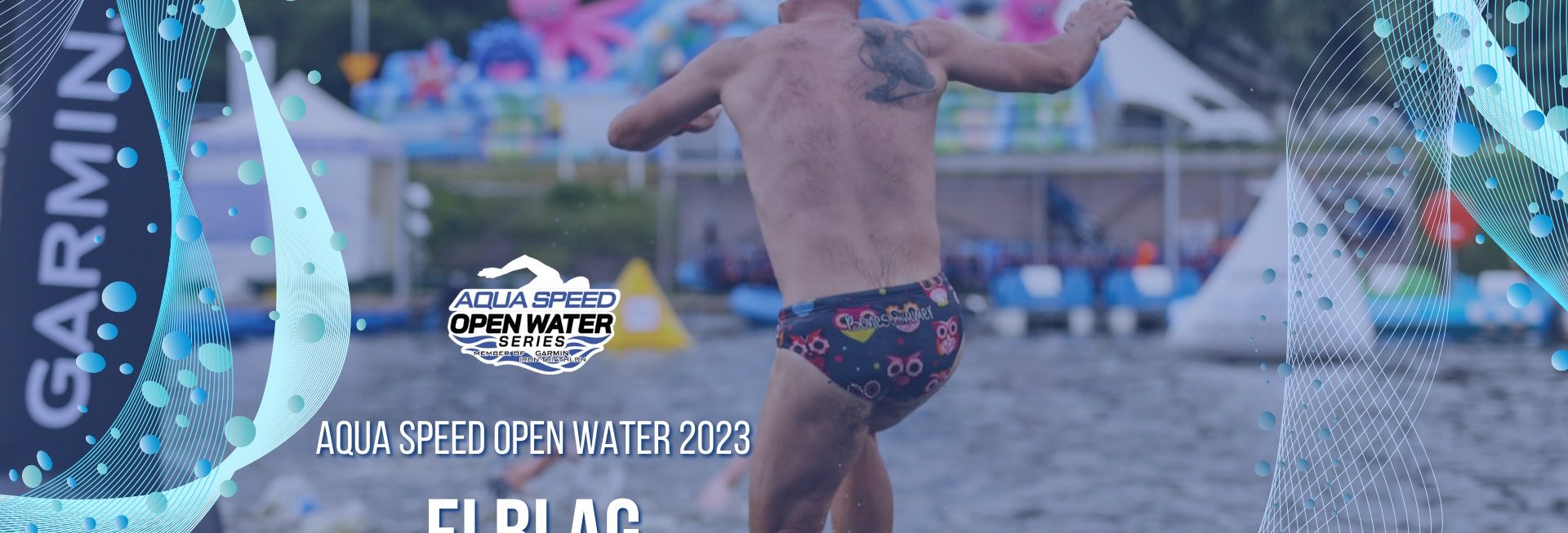 Plakat zapraszający do Elbląga na imprezę sportową AQUA SPEED Open Water Series Elbląg 2023.