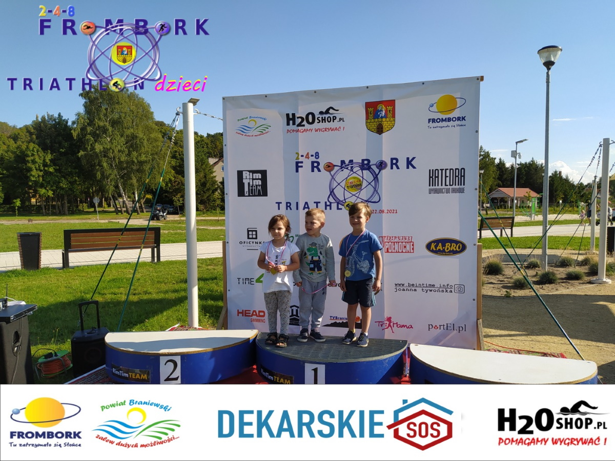 Plakat zapraszający do Fromborka na 2. edycję zawodów 2-4-8 Triathlon FROMBORK dla dzieci 2023.