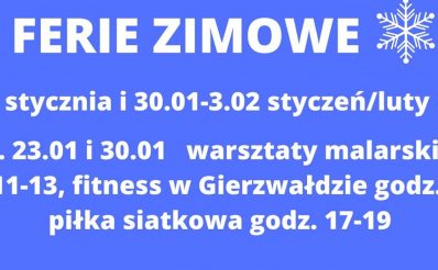 Plakat zapraszający do Gietrzwałdu w dniach od 23 stycznia do 3 lutego 2023 r. na ferie zimowe Gietrzwałd 2023. 