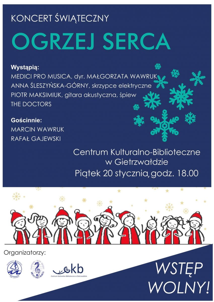 Plakat zapraszający do Centrum Kulturalno-Biblioteczne w Gietrzwałdzie na Koncert Świąteczny OGRZEJ SERCA Gietrzwałd 2023.