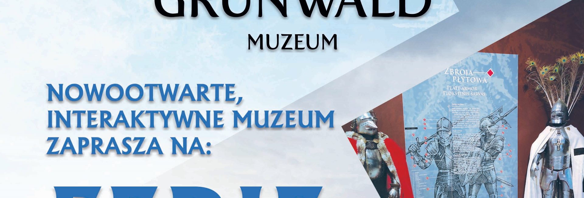 Plakat zapraszający od 16 stycznia do 26 lutego 2023 r. do Interaktywnego Muzeum w Grunwaldzie na Ferie z Historią Grunwald 2023.