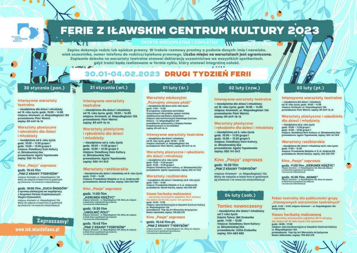 Plakat zapraszający od 23 stycznia do 4 lutego 2023 r. do Iławy na ferie zimowe Iława 2023 - kalendarium wydarzeń II tydzień.