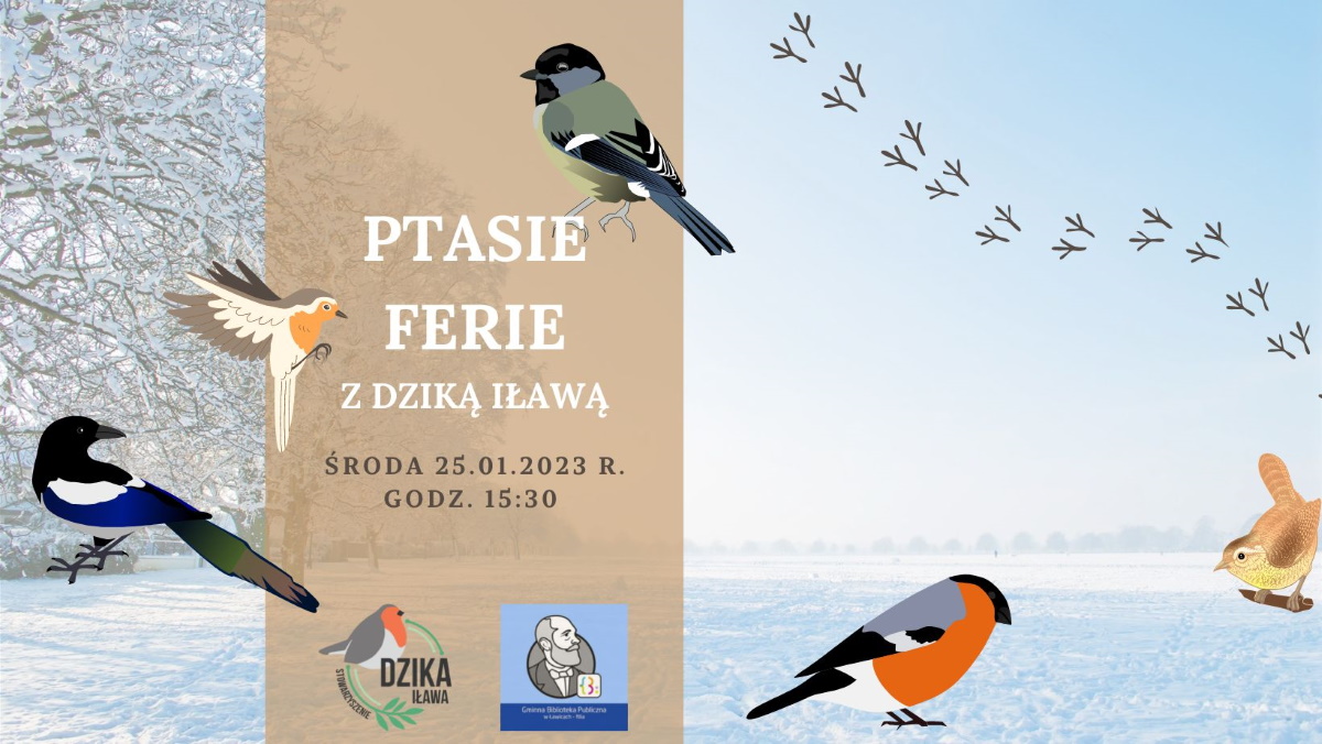 Plakat zapraszający w środę 25 stycznia 2023 r. do Iławy na Ptasie ferie z Dziką Iławą 2023.