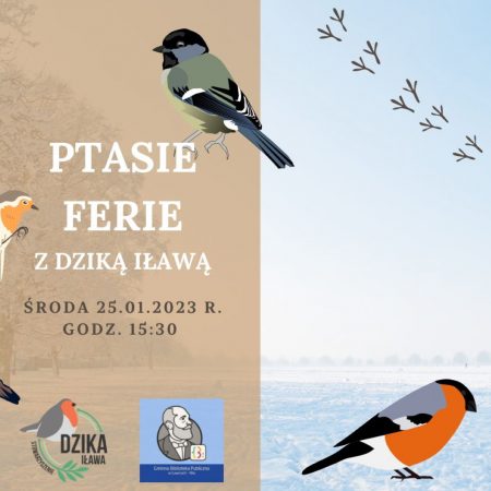 Plakat zapraszający w środę 25 stycznia 2023 r. do Iławy na Ptasie ferie z Dziką Iławą 2023.