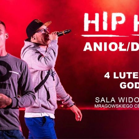 Plakat zapraszający w sobotę 4 lutego 2023 r. do Mrągowa na koncert Hip-Hop Anioł/Dymek + goście Mrągowo 2023.