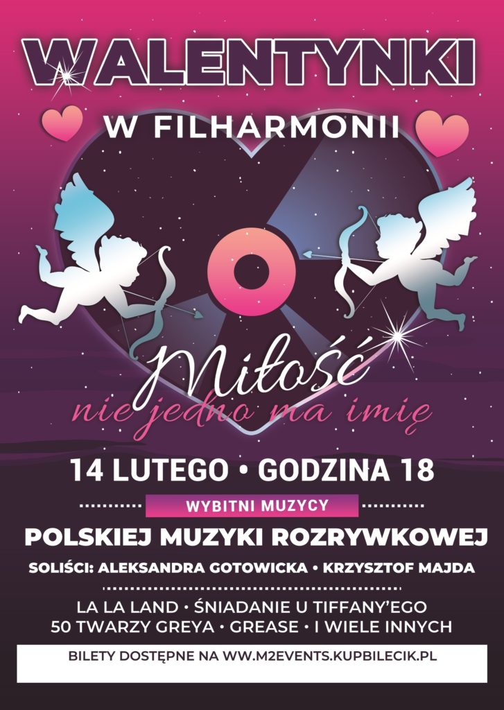 Plakat zapraszający we wtorek 14 lutego 2023 r. do Olsztyna na Walentynki w Filharmonii Warmińsko-Mazurskiej w Olsztynie 2023.