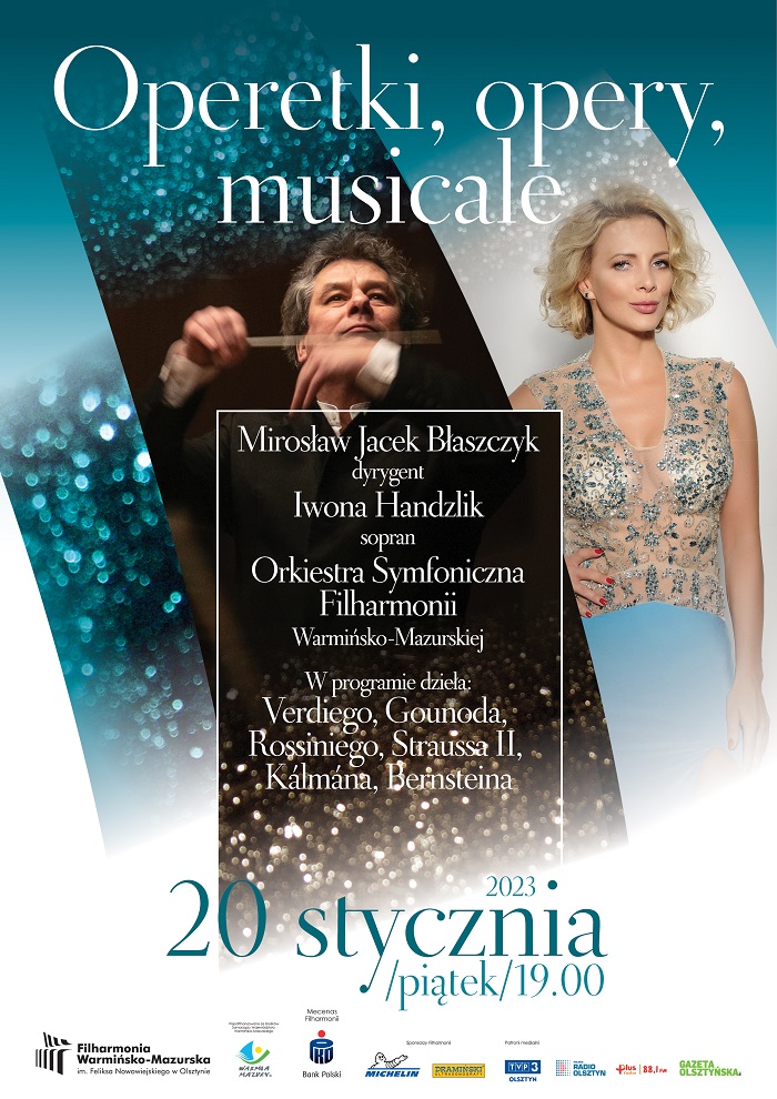 Plakat zapraszający do Olsztyna na koncert operetki, opery, musicale Filharmonia Olsztyn 2023.