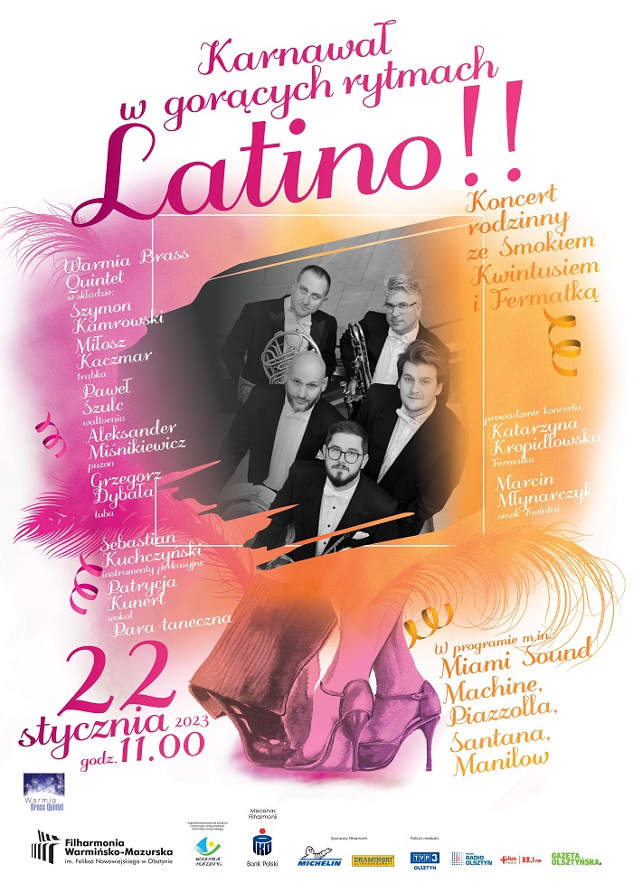 Plakat zapraszający do Olsztyna na koncert rodzinny ze Smokiem KWINTUSIEM i FERMATKĄ w rytmach Latino Filharmonia Olsztyn 2023.