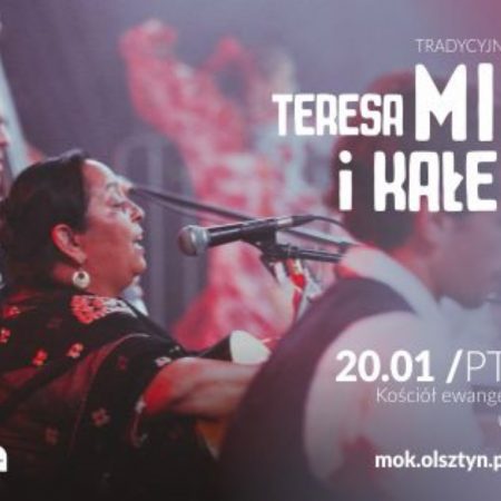 Plakat zapraszający do Kościoła Ewangelicko-Augsburskiego w Olsztynie na koncert Teresa Mirga i Kałe Bała Olsztyn 2023.