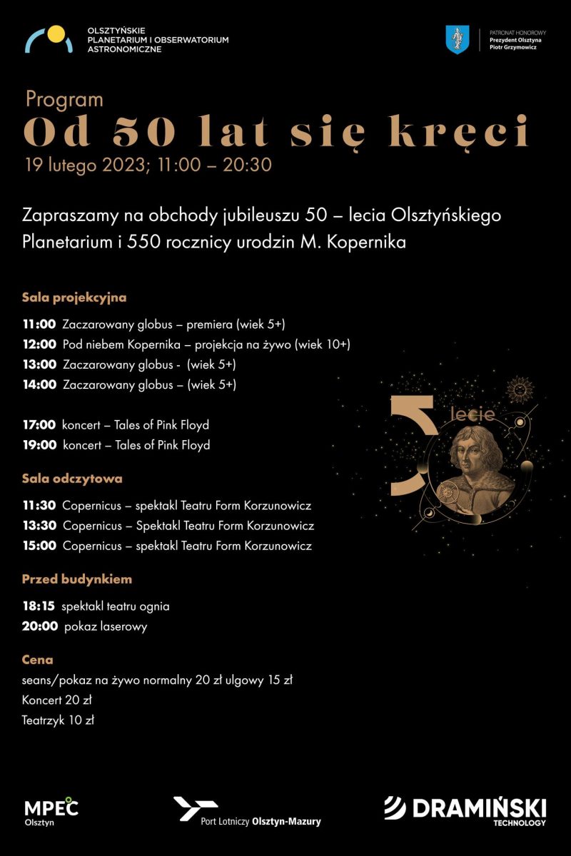 Plakat zapraszający w niedzielę 19 lutego 2023 r. do Olsztyńskiego Planetarium na Obchody Jubileuszu 50-lecia Olsztyńskiego Planetarium Olsztyn 2023.