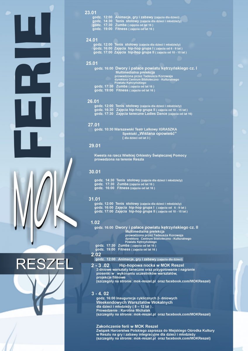 Plakat zapraszający w dniach od 23 stycznia do 4 lutego 2023 r. do Reszla na ferie zimowe 2023 w Reszlu.
