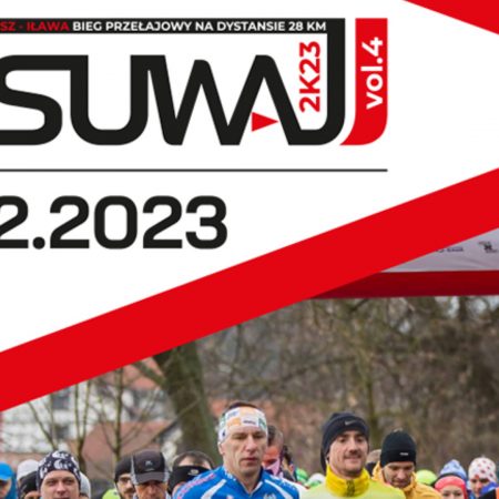 Plakat zapraszający w niedzielę 12 lutego 2023 r. do Iławy i Susza na kolejna edycję biegu przełajowego ZASUWAJ! vol.4 2023 Iława-Susz.
